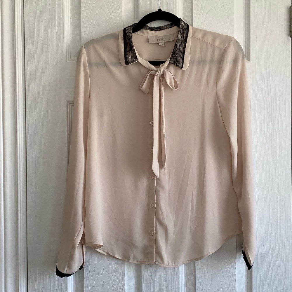 LOFT button up blouse with black lace and trim